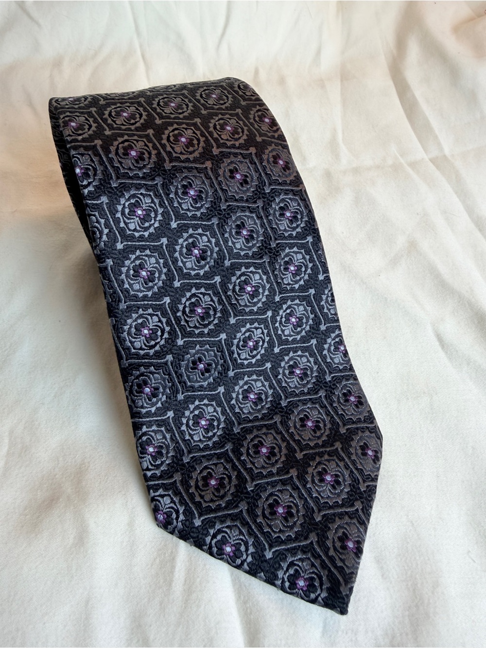 Henry Grethel Textured Black Tie with Purple Motif - Men's Formal Tie